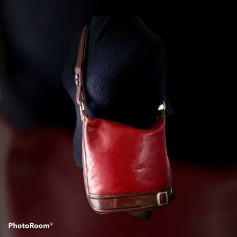 Valentina convertible bucket bag burgandy and tan leather